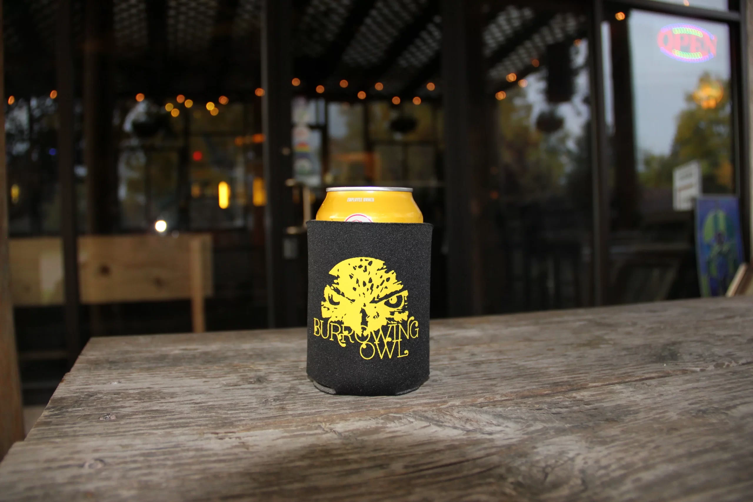 The Burrowing Owl beer in a coozy. Photo courtesy of The Burrowing Owl.