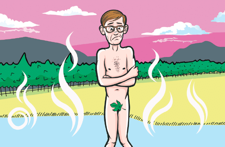 Illustrated nervous first-timer at clothing-optional hot springs