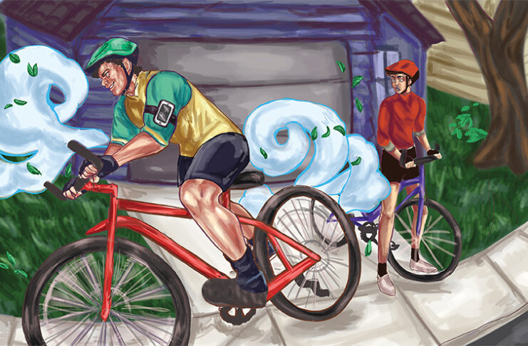 An illustration of a biker aggressively leaving another rider in the dust in this humorous article by Steven Hayward about Strava users in Colorado Springs.