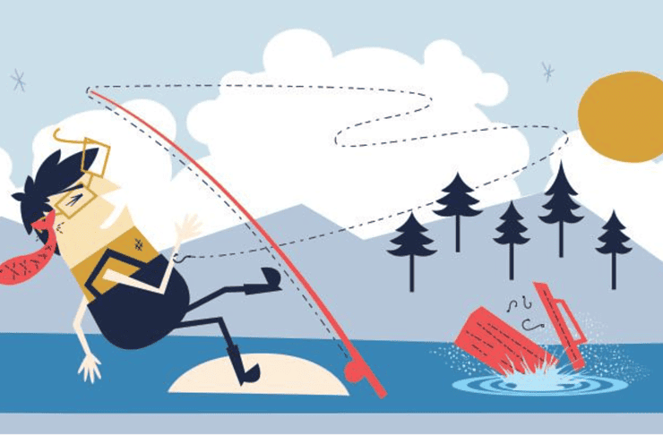 A cartoon of a person falling over while fly fishing