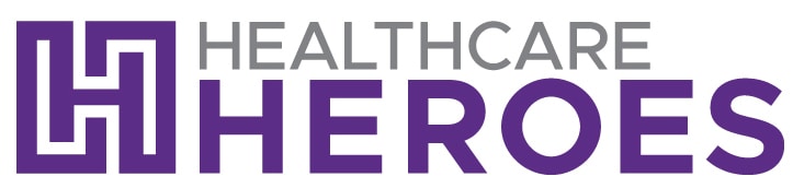 Healthcare Heroes gray and purple lettering and logo
