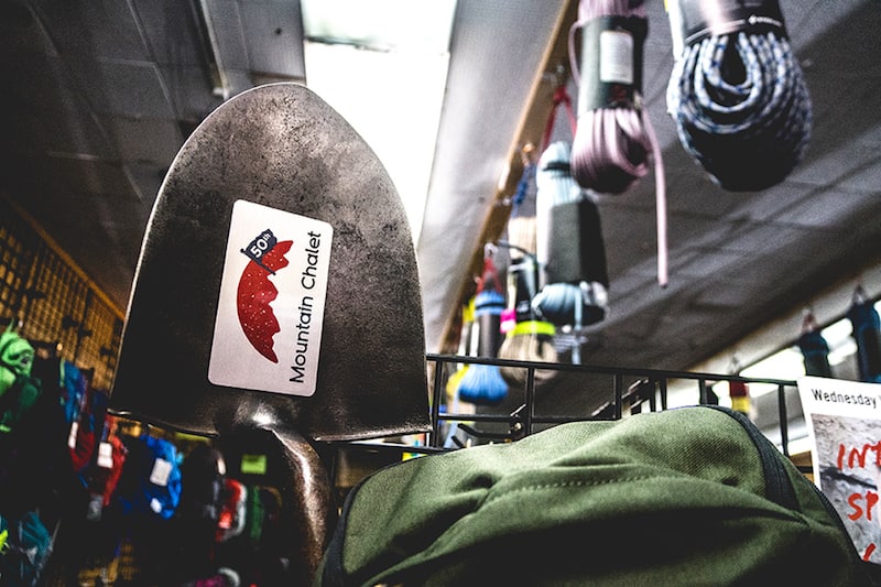 mountain chalet sticker on shovel