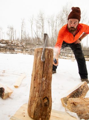 Snapshots of the yurt lifestyle: Chopping wood for the stove that warms the yurt