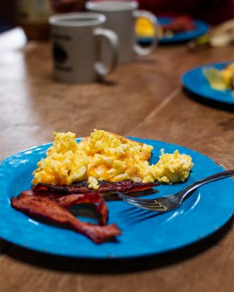 Snapshots of the yurt lifestyle: Coffee brewed, bacon sizzled, and we began to warm up to the strange charm of the yurt.
