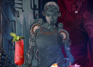 Chiba Is the Word Cyberpunk wall mural and stylish food and cocktails at Chiba Bar, a unique Japanese izakaya restaurant in downtown Colorado Springs.