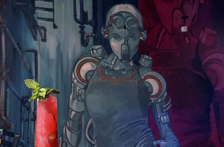 Cyberpunk wall mural and stylish food and cocktails at Chiba Bar, a unique Japanese izakaya restaurant in downtown Colorado Springs.