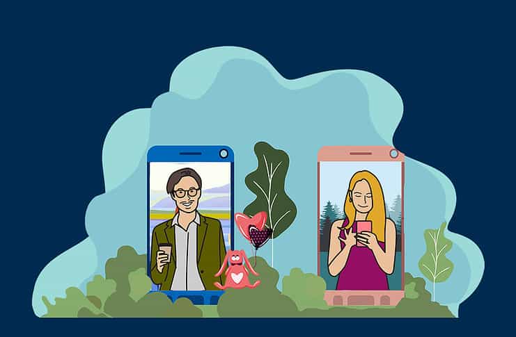 Graphic of a man and woman on smart phone screens.
