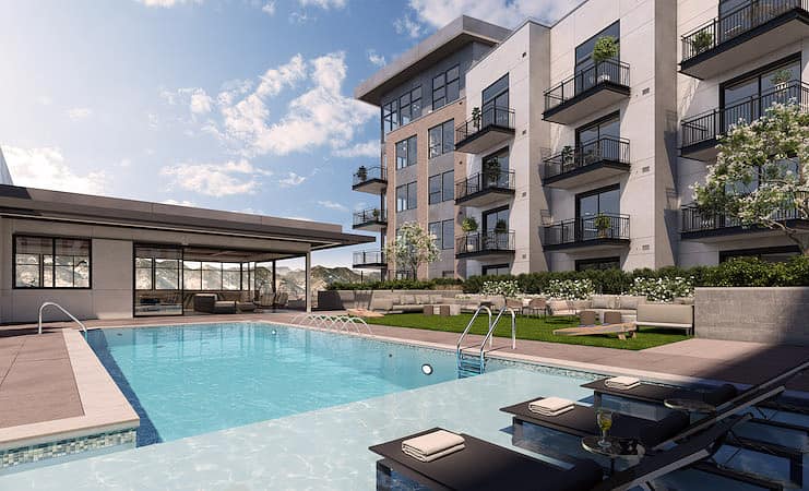 Pool and clubhouse at The Mae on Cascade