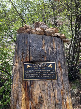 Memorial at the base of St. Mary's Falls.