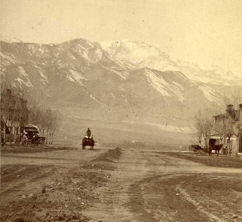 View of Pikes Peak down Pikes Peak Avenue, circa 1882.