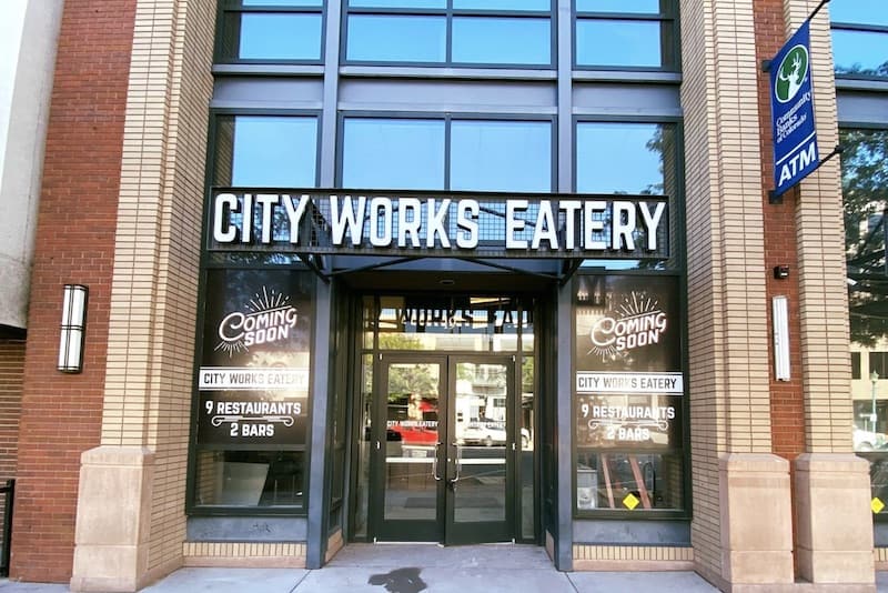 Entry of City Works Eatery, new food hall in Colorado Springs, grand opening 2021