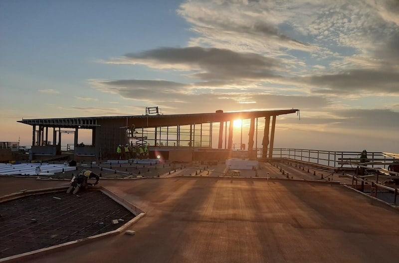 Sunrise over the new Pikes Peak Summit Complex, under construction, grand opening spring 2021