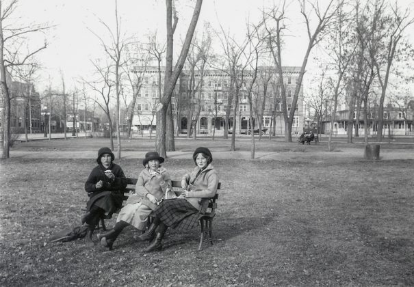 Historic photo of three women in Acacia Park, Colorado Springs