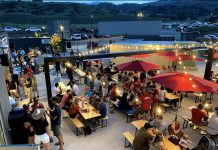 Red Leg Brewing patio under the string lights