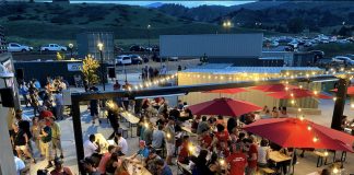 Red Leg Brewing patio under the string lights