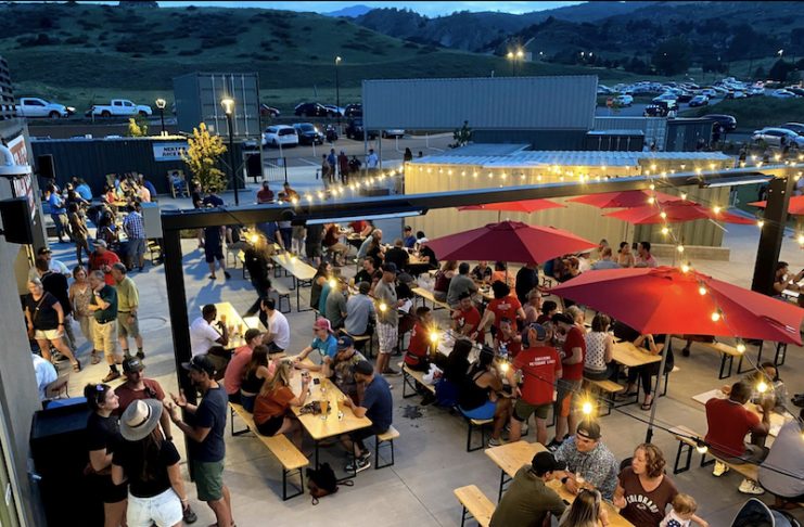 Red Leg Brewing patio under the string lights