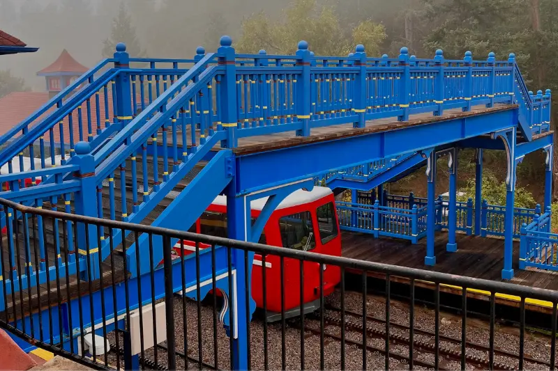 Cog Railway sitting in the station in a heavy fog.