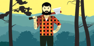 Illustration of lumberjack in flannel who will explain how to chop wood with an axe