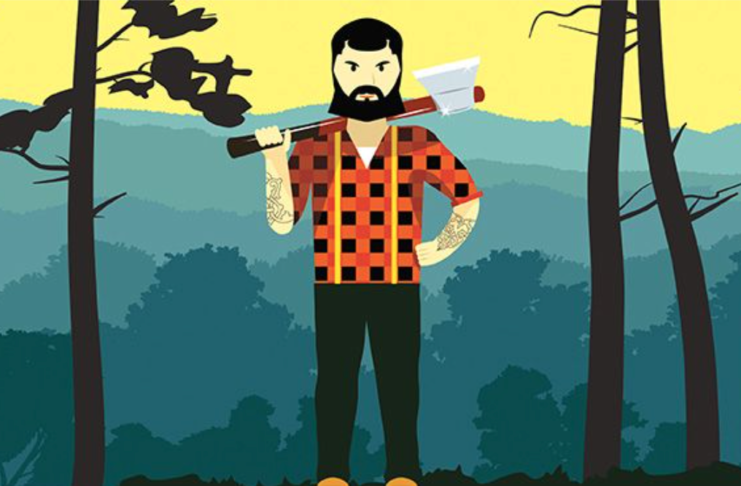 Illustration of lumberjack in flannel who will explain how to chop wood with an axe