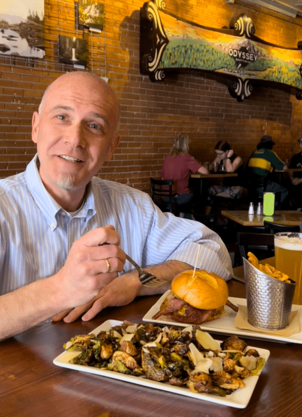 Odyssey Burger and Crispy Brussels Sprouts at Odyssey Gastropub in downtown Colorado Springs. 