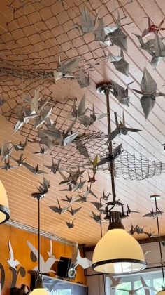 Paper cranes cover the ceiling at Shuga's
