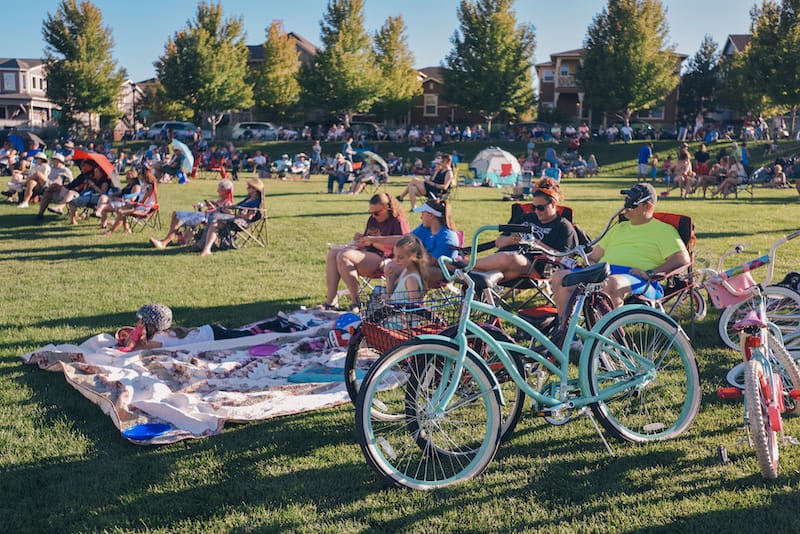 Bikes and blankets on the lawn in the audience for Music on the Mesa at Gold Hill Mesa in Colorado Springs
