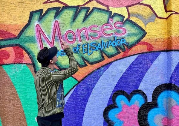 Diego Jaguart at Monse's Pupuseria mural in Old Colorado City, Colorado Springs