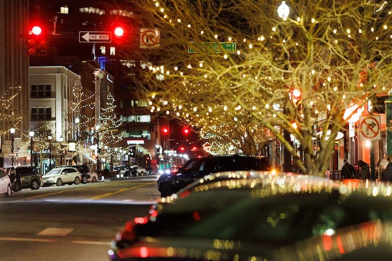 Lots of lights strung across the street make holidays downtown beautiful in Colorado Springs