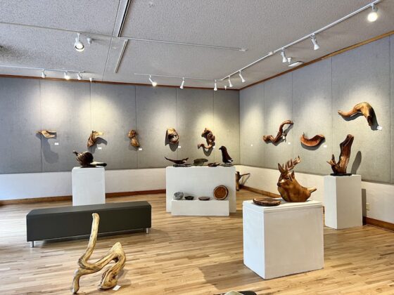 Wood sculptures displayed in the Hagnauer Gallery at the MAC