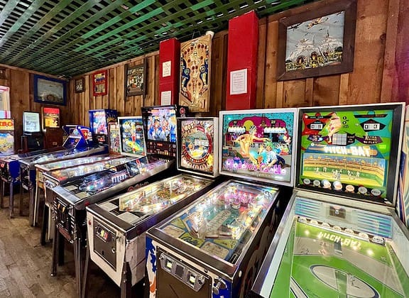 Row of pinball machines at the Manitou Springs Penny Arcade