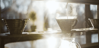 Sunrise kisses a pourover at Switchback Coffee Roasters. Photo courtesy of Switchback Coffee.