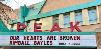 Marquee at Kimball's Peak Three Theater announces the death of owner Kimball Bayles