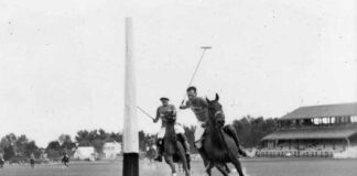 A polo player takes a shot in a historic photo from The Broadmoor polo grounds. The sport returns to Colorado Springs this year in The Broadmoor Polo Classic.
