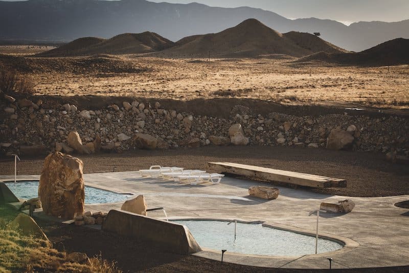 Soaking pools and sunset at Desert Reef, one of the hot springs closest to Colorado Springs