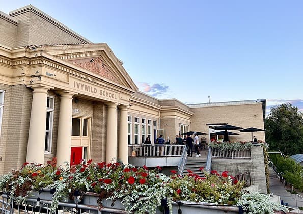 On the patio of Ivywild School in Colorado Springs.