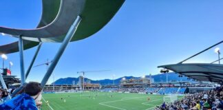 The view of a Switchbacks FC game from the northeast corner of Weidner Field, beneath the Epicenter sculpture.