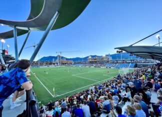 Fun and Games on Your Colorado Springs Stay The view of a Switchbacks FC game from the northeast corner of Weidner Field, beneath the Epicenter sculpture.