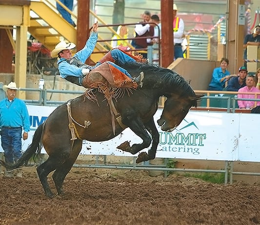 Pikes Peak or Bust Rodeo Keeps the Western Spirit Alive Bronco rider holding on tight at the Pikes Peak or Bust Rodeo. Photo courtesy of Pikes Peak or Bust Rodeo.
