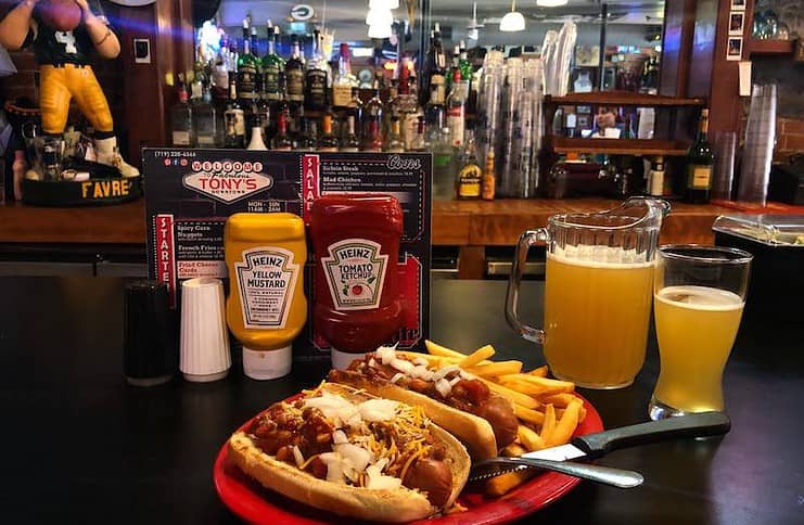 Chili dogs and beer at Tony's, one of the best dive bas in Colorado Springs