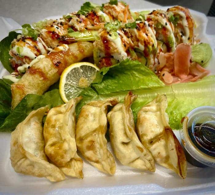Sushi and dumplings from Roc and Ro Sushi on the Go. Photo courtesy of Roc and Ro Sushi on the Go food truck.