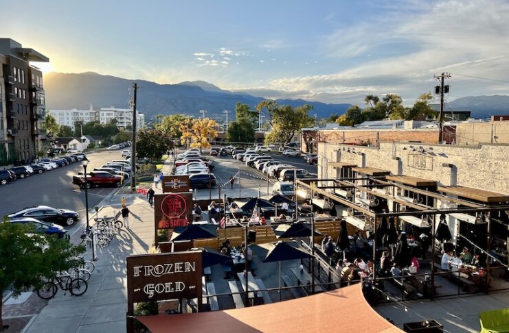 Downtown patios outside Frozen Gold, Dos Santos and Cork & Cask with views of Pikes Peak