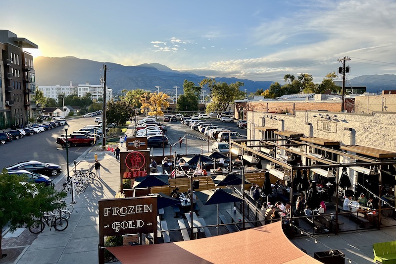Downtown patios outside Frozen Gold, Dos Santos and Cork & Cask with views of Pikes Peak