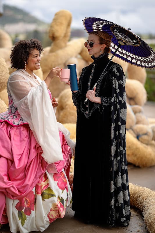 Petruchio and Elmore toast in Theatreworks Taming of the Shrew, the featured production in the annual Shakespreare in the park outdoor summer theater