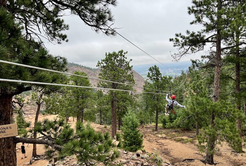 Zipping into the Fins Course on the Soaring Adventure zip lines in Colorado Springs