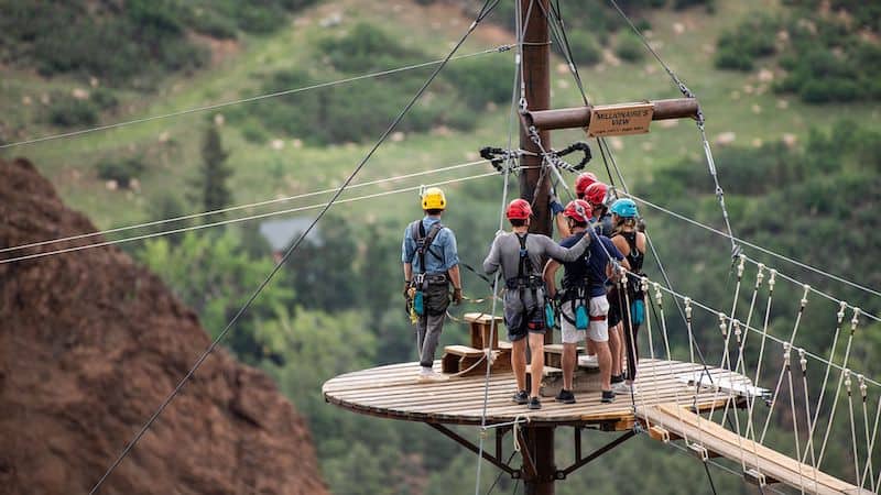 Closeup of the launchpad for Millionaire's View on the Broadmoor Soaring Adventure zip lines in Colorado Springs.