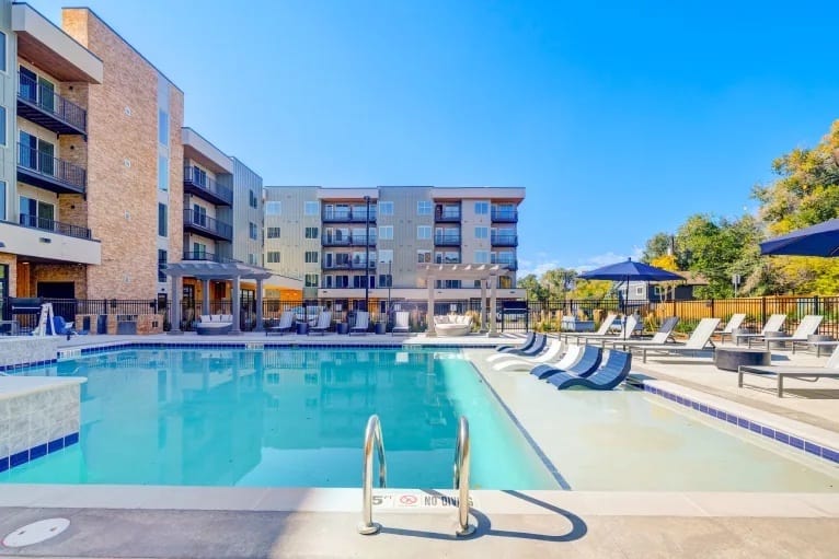 The courtyard swimming pool at the Plaza at Pikes Peak, one of the new downtown apartments in Colorado Springs featured in the Urban Living Tour