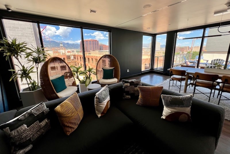 Mountain views from rooftop clubhouse at Vim, one of the new downtown apartments in Colorado Springs.