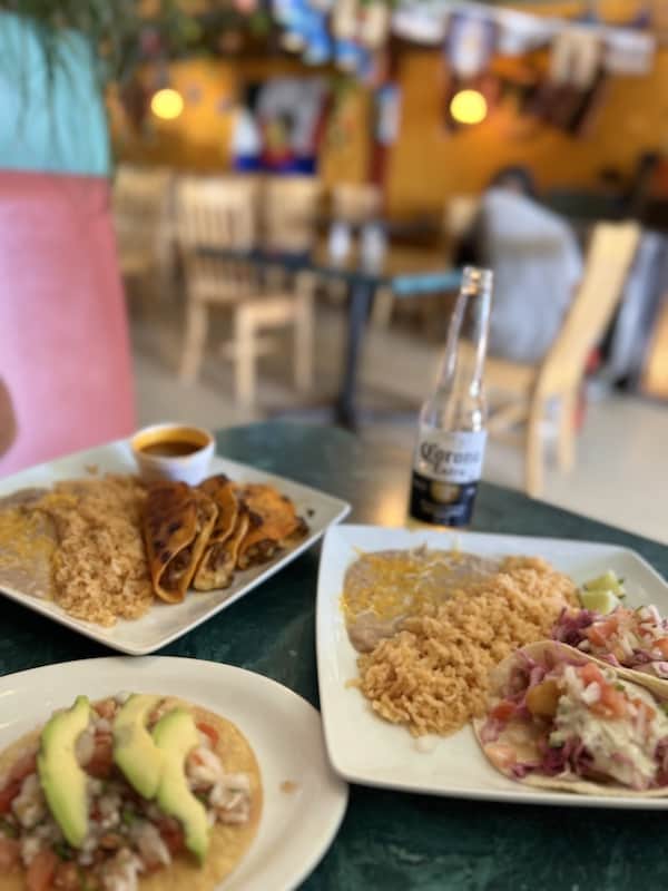 Fish tacos, barria tacos and Corona at Maria's Taco Shop, one of the best Mexican Restaurants in Colorado springs.