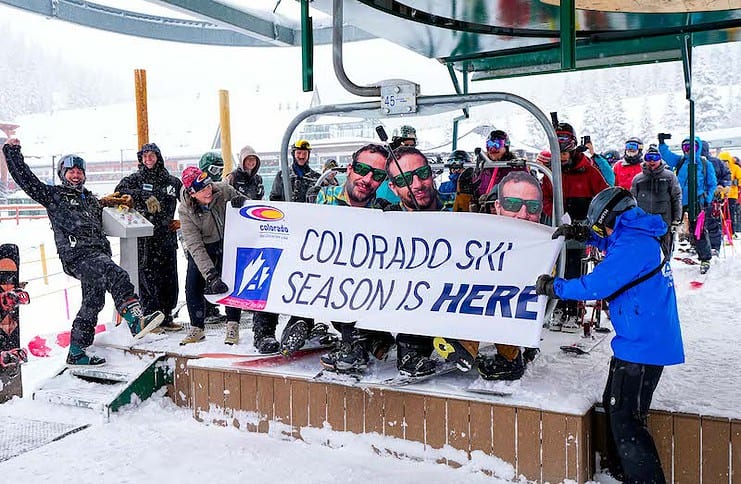 First chair at Arapahoe Basin on opening day of Colorado ski season 2023-2024