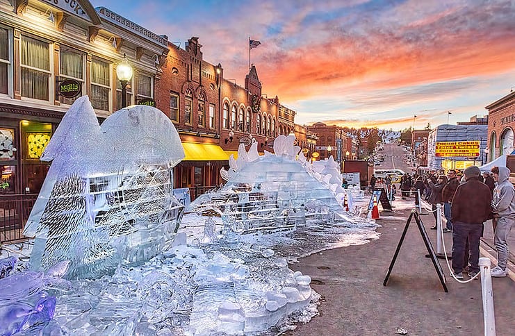 Ice sculptures line Bennett Avenue at the Cripple Creek Ice Festival